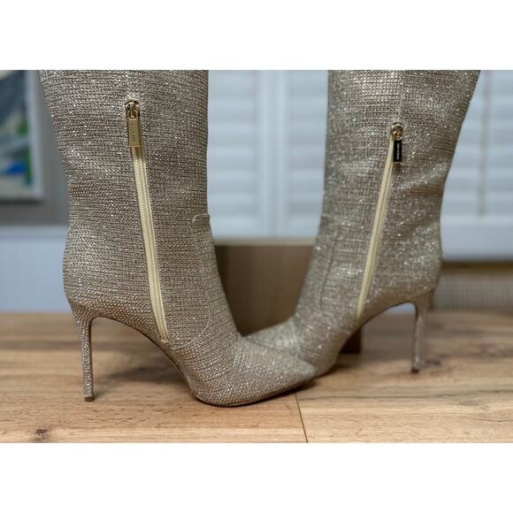 Michael Kors Rue Stiletto Knee High Boot Pale Gold 8.5 NWOB Glam Sequin Design - Picture 10 of 15